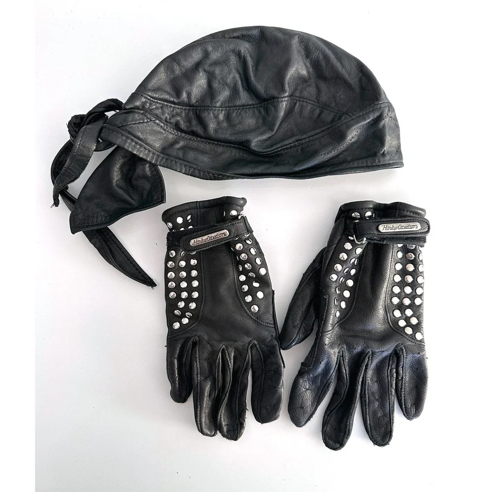 Harley Davidson Gloves L & Skull Cap Set Womens Black Studded Leather Motorcycle